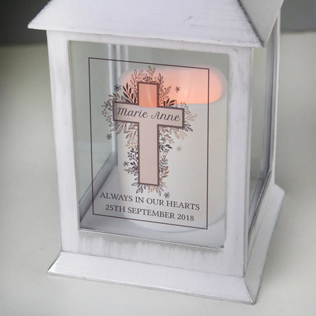 Personalised Floral Cross White Lantern - LED Lighting at Gift Moments