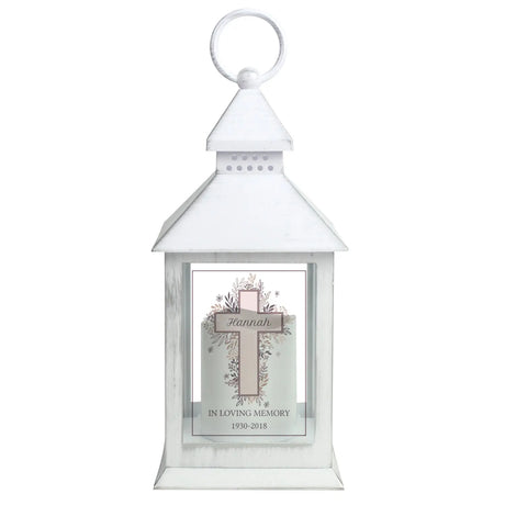 Personalised Floral Cross White Lantern - LED Lighting at Gift Moments