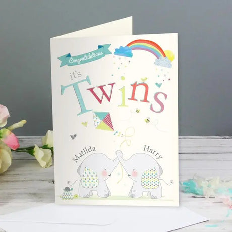 Personalised Hessian Elephant Twins Card - Greeting Cards at Gift Moments