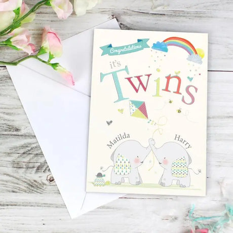 Personalised Hessian Elephant Twins Card - Greeting Cards at Gift Moments