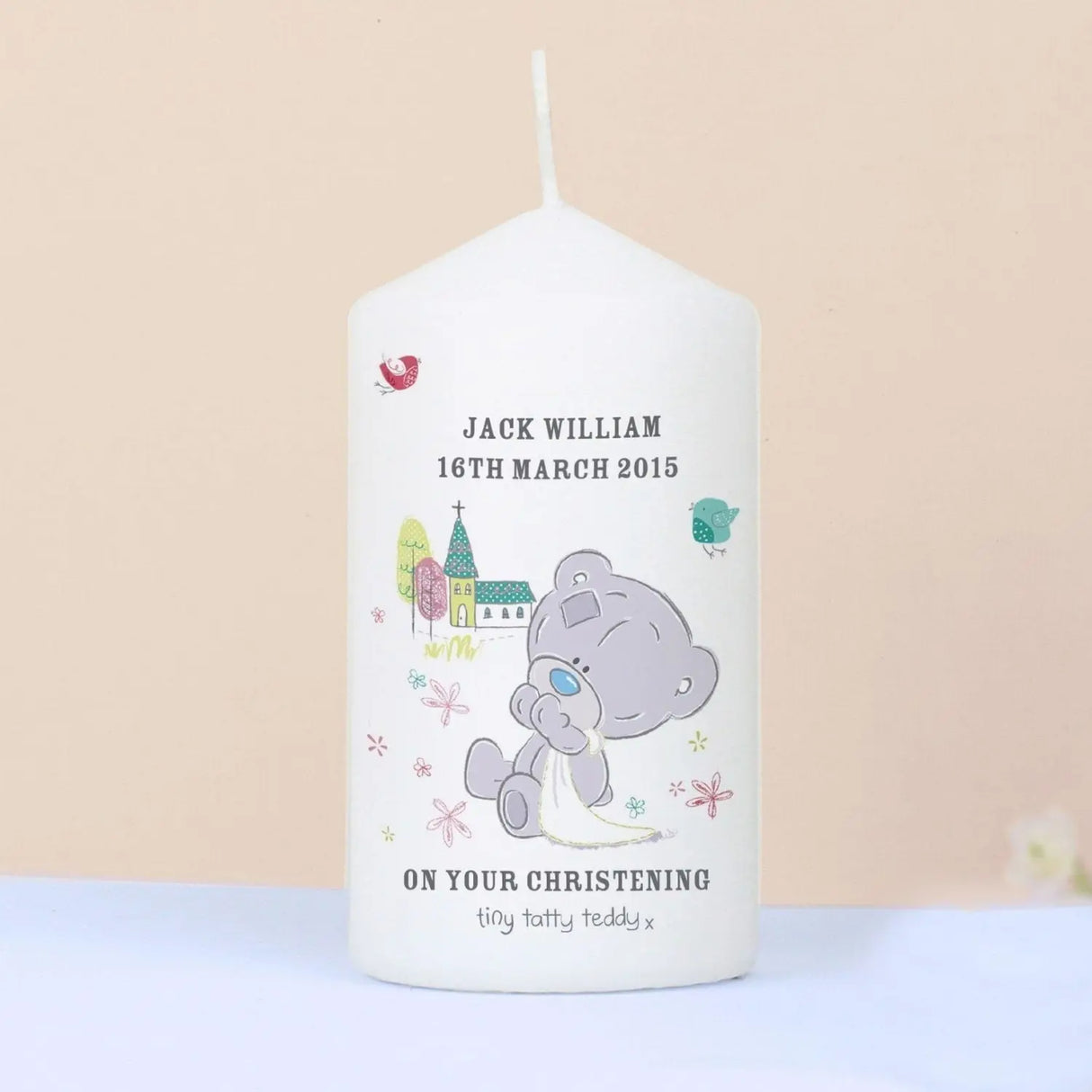 Personalised Tiny Tatty Teddy Christening Pillar Candle - Candles at Gift Moments