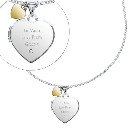 Personalised Sterling Silver Heart Locket Necklace with Diamond and 9ct Gold Charm - Necklaces at Gift Moments