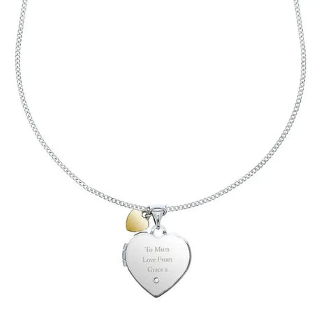 Personalised Sterling Silver Heart Locket Necklace with Diamond and 9ct Gold Charm - Necklaces at Gift Moments