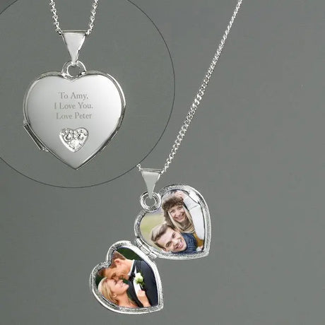 Personalised Message Silver & Cubic Zirconia Heart Locket - Gift Moments