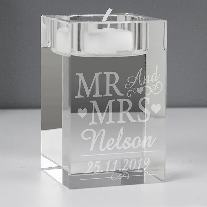 Personalised Mr & Mrs Glass Tea Light Candle Holder - Candle Holders at Gift Moments