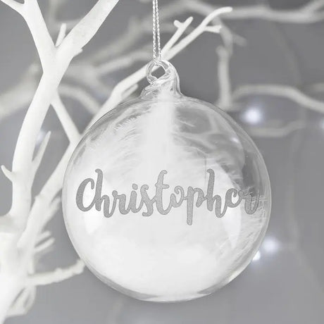 Personalised Silver Glitter Name Only Feather Glass Bauble - Christmas Baubles at Gift Moments