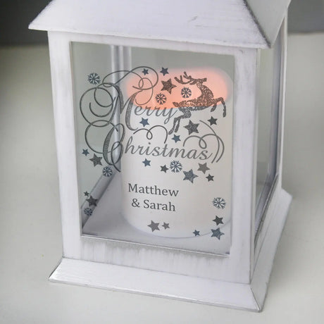 Personalised Silver Reindeer White Lantern - LED Lighting at Gift Moments