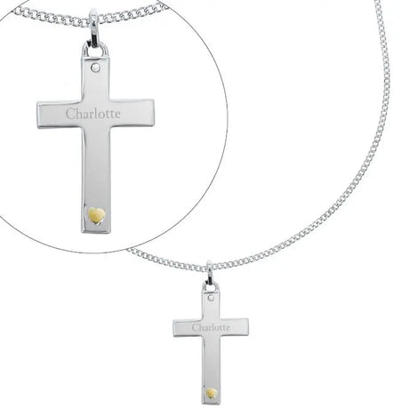 Personalised Sterling Silver Cross with 9ct Gold Heart Necklace - Gift Moments