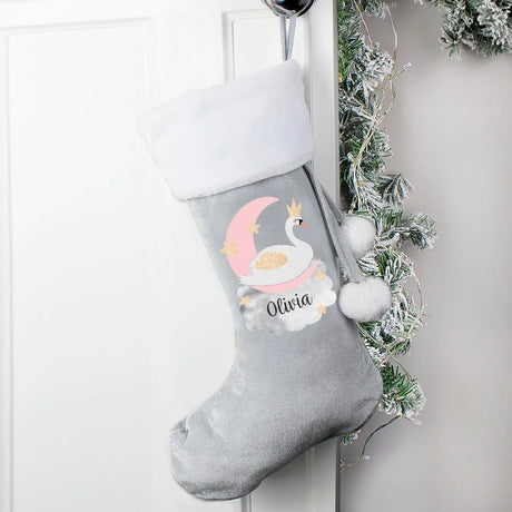 Personalised Swan Lake Luxury Silver Grey Stocking - Christmas Stockings at Gift Moments