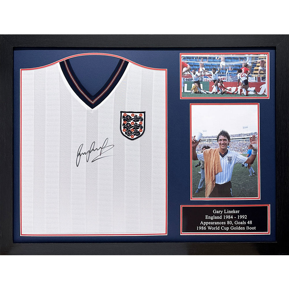 England FA 1986 Lineker Signed Shirt (Framed) - Signed Memorabilia at Gift Moments