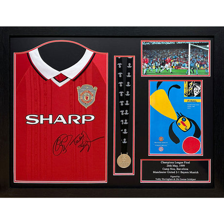 Manchester United FC 1999 Signed Shirt & Medal (Framed) - Solskjaer & Sheringham - Signed Memorabilia at Gift Moments