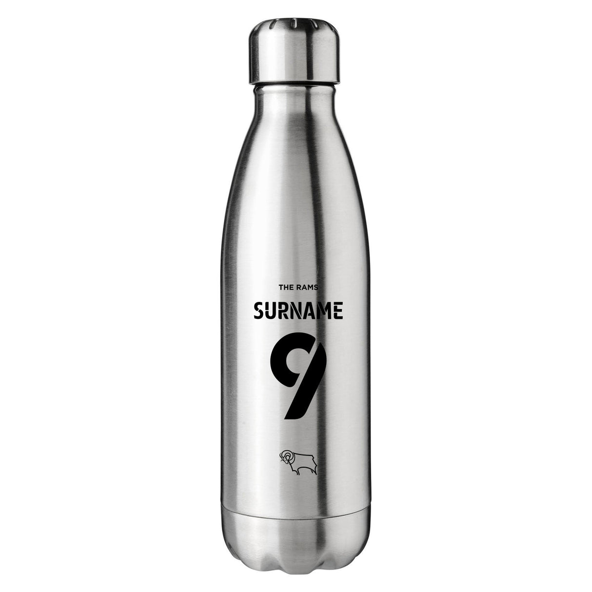 Personalised Derby County Back of Shirt Silver Insulated Water Bottle