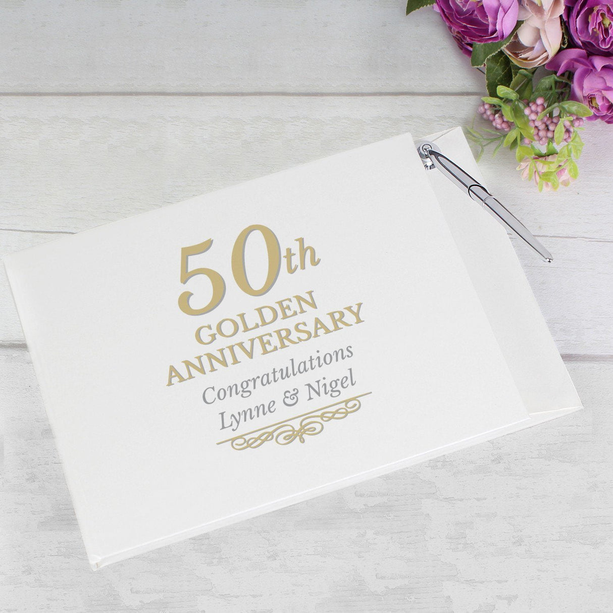 Personalised 50th Golden Anniversary Hardback Guest Book & Pen - Guest Books at Gift Moments