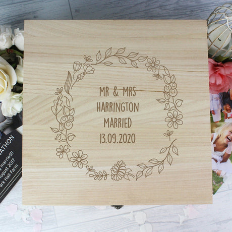 Personalised Floral Wreath Large Wooden Keepsake Box - Keepsake Boxes at Gift Moments