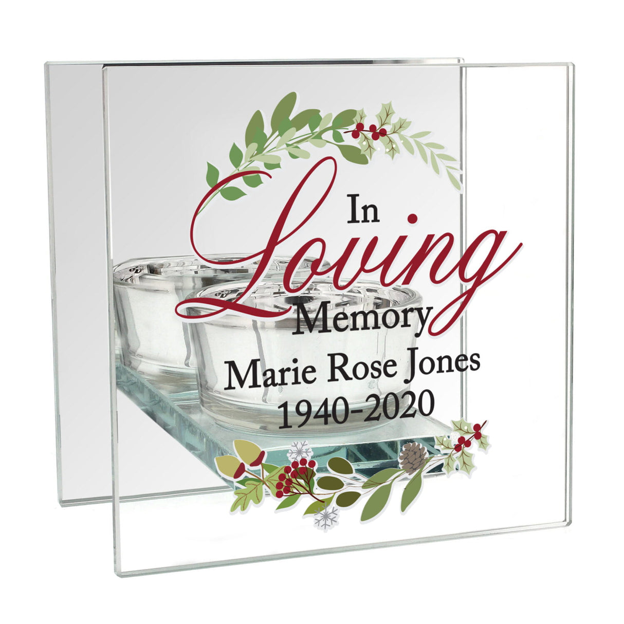 Personalised In Loving Memory Christmas Mirrored Glass Tea Light Candle Holder - Candle Holders at Gift Moments