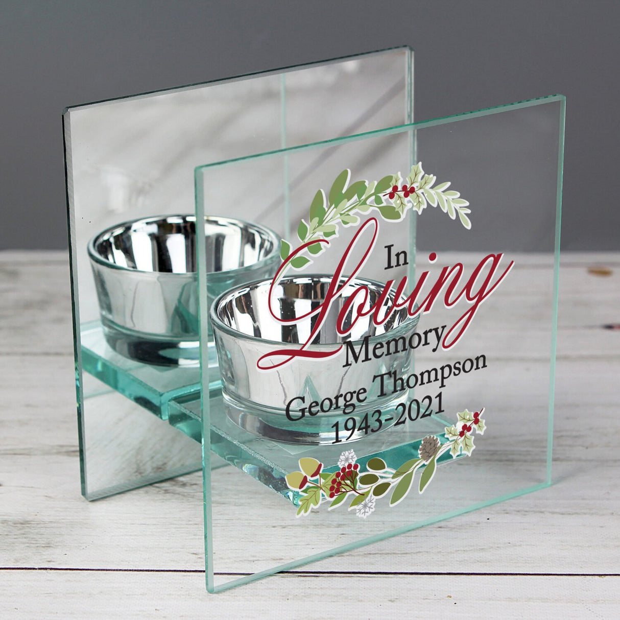 Personalised In Loving Memory Christmas Mirrored Glass Tea Light Candle Holder - Candle Holders at Gift Moments