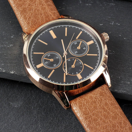 Mens Rose Gold Tone Watch with Brown Strap - Gift Moments