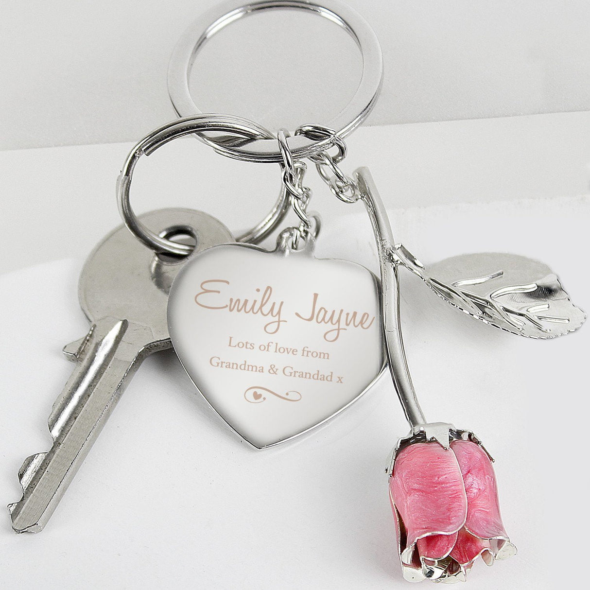 Personalised Silver Plated Swirls & Hearts Pink Rose Keyring - Keyrings at Gift Moments